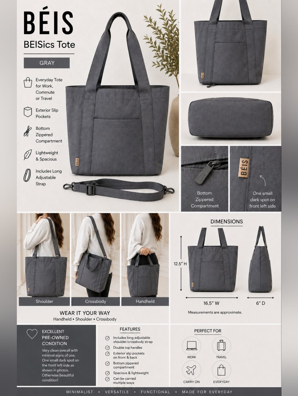 BÉIS BEISics Tote Bag Gray + Adjustable Long Strap